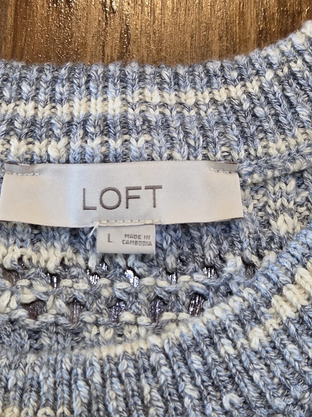 Loft Blue and White Open-Knit Sweater Vest Size L Coastal Preppy Cotton Blend
